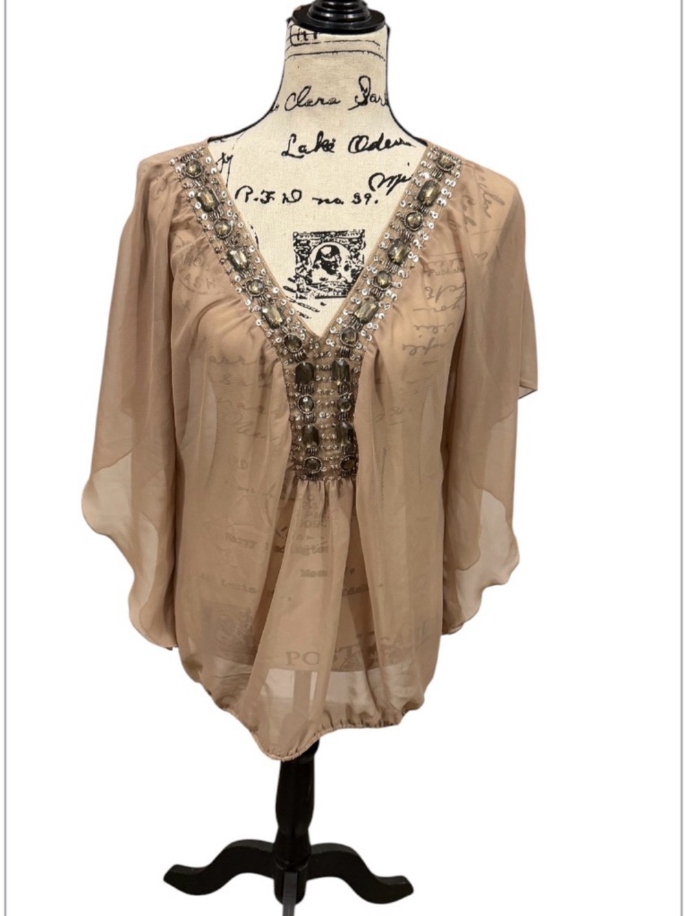 Embellished V-Neck Sheer Blouson Top - Beige